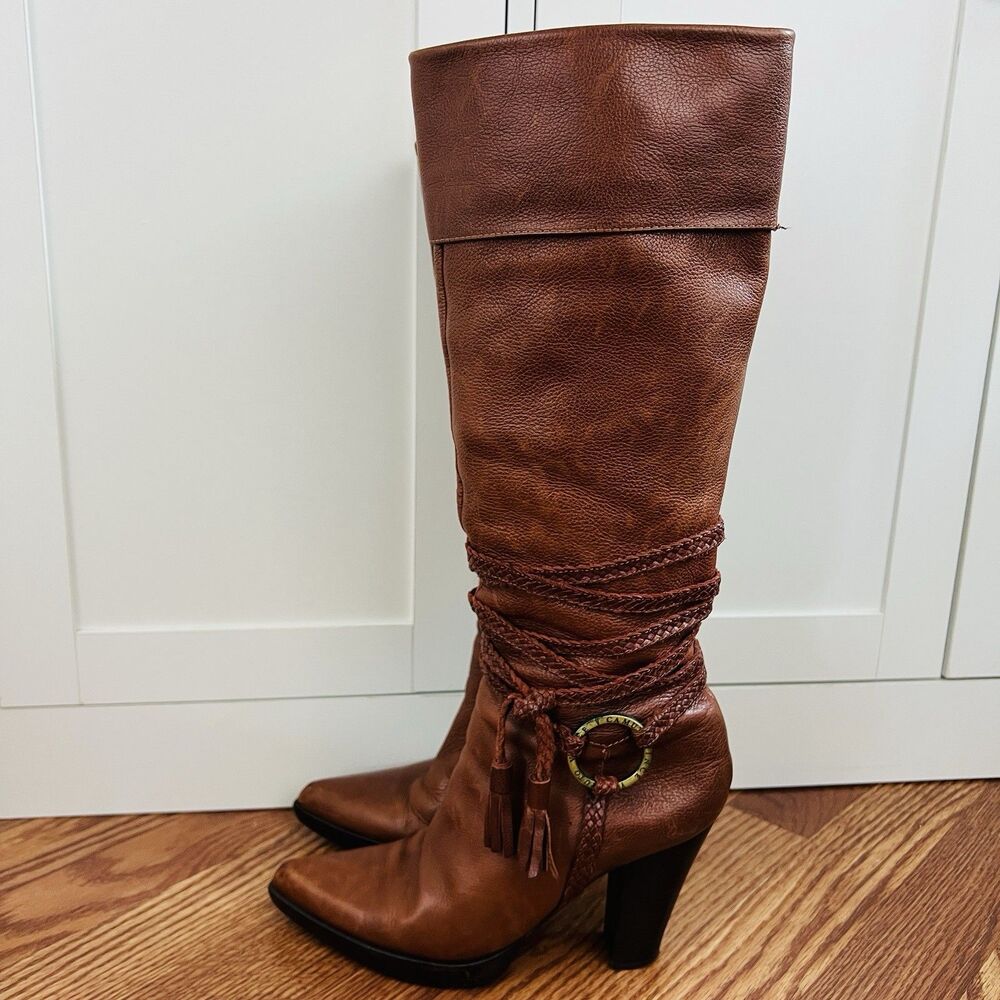 Gorgeous Vince Camuto Brown Leather Buckled Braided Knee High Riding Boots Sz 8B - Picture 2 of 11